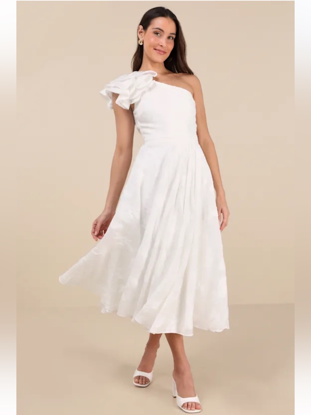 NWT Lulus Sweet Definition White Burnout Ruffled One-Shoulder Midi Dress